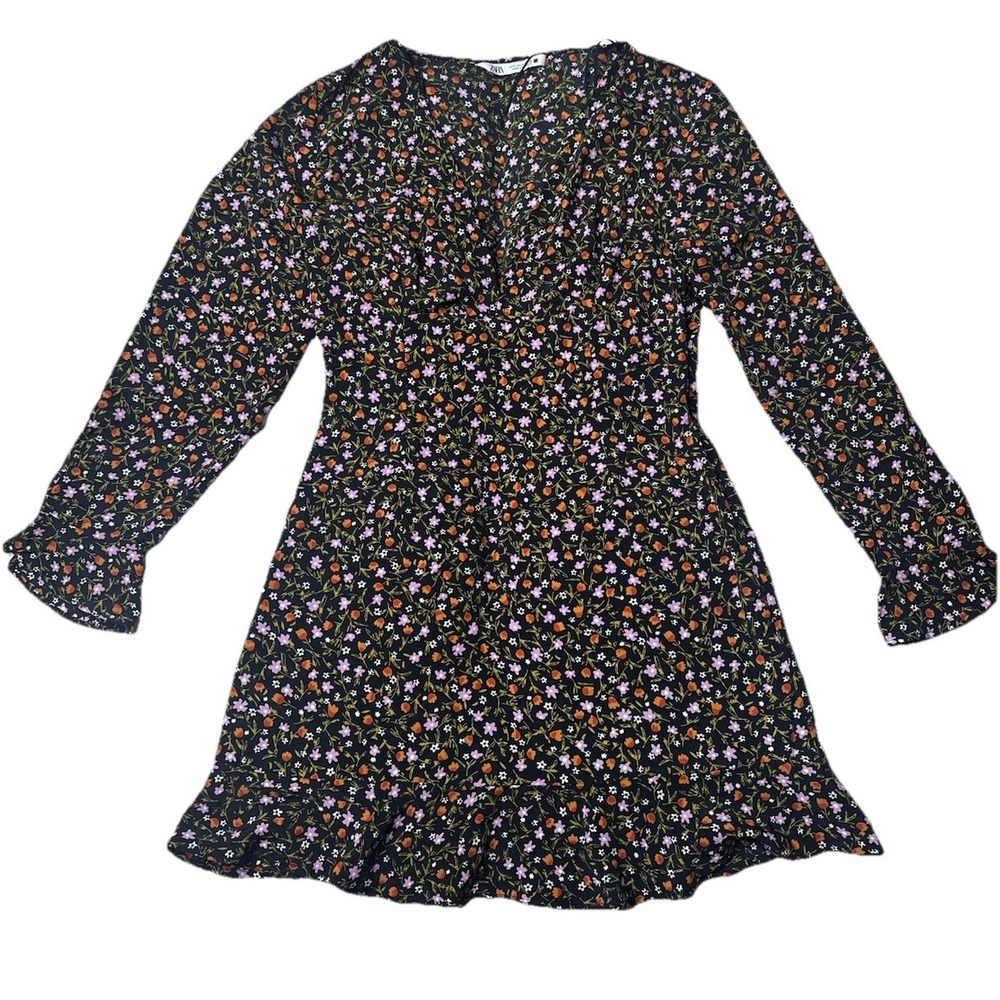 ZARA Floral Printed Peplum Top Sz S Black‎ Red Ruffle Long Sleeves
